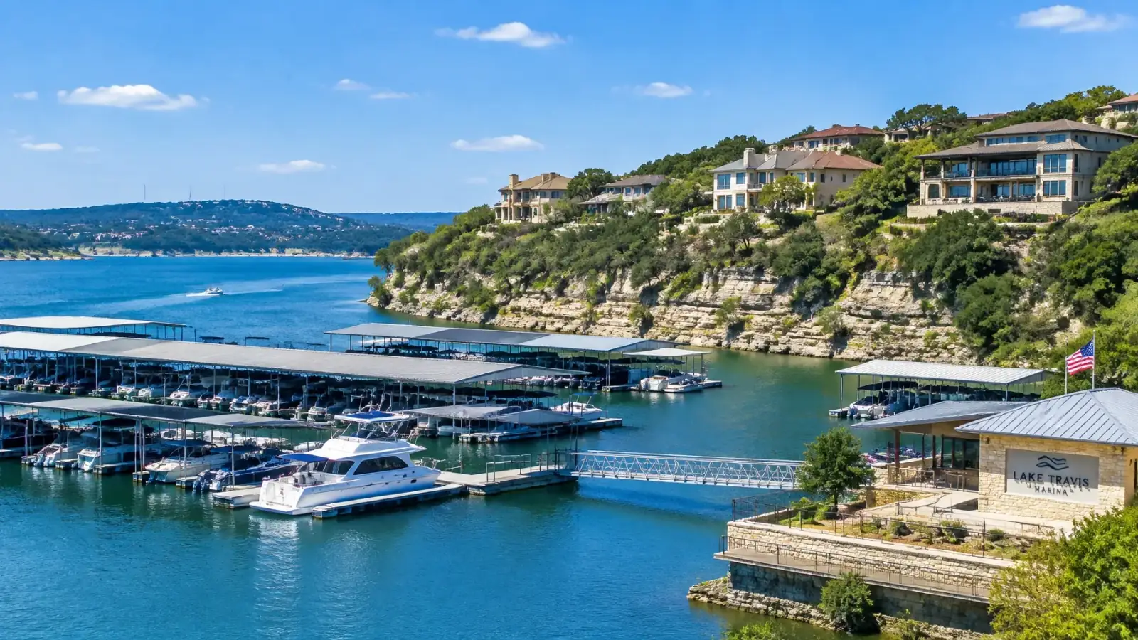 Lake Travis shoreline and homes at Lakeway, TX