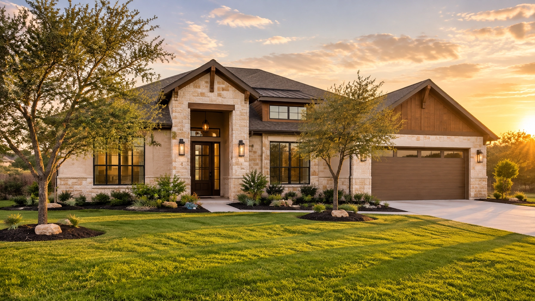 Finished Central Texas new construction home at golden hour