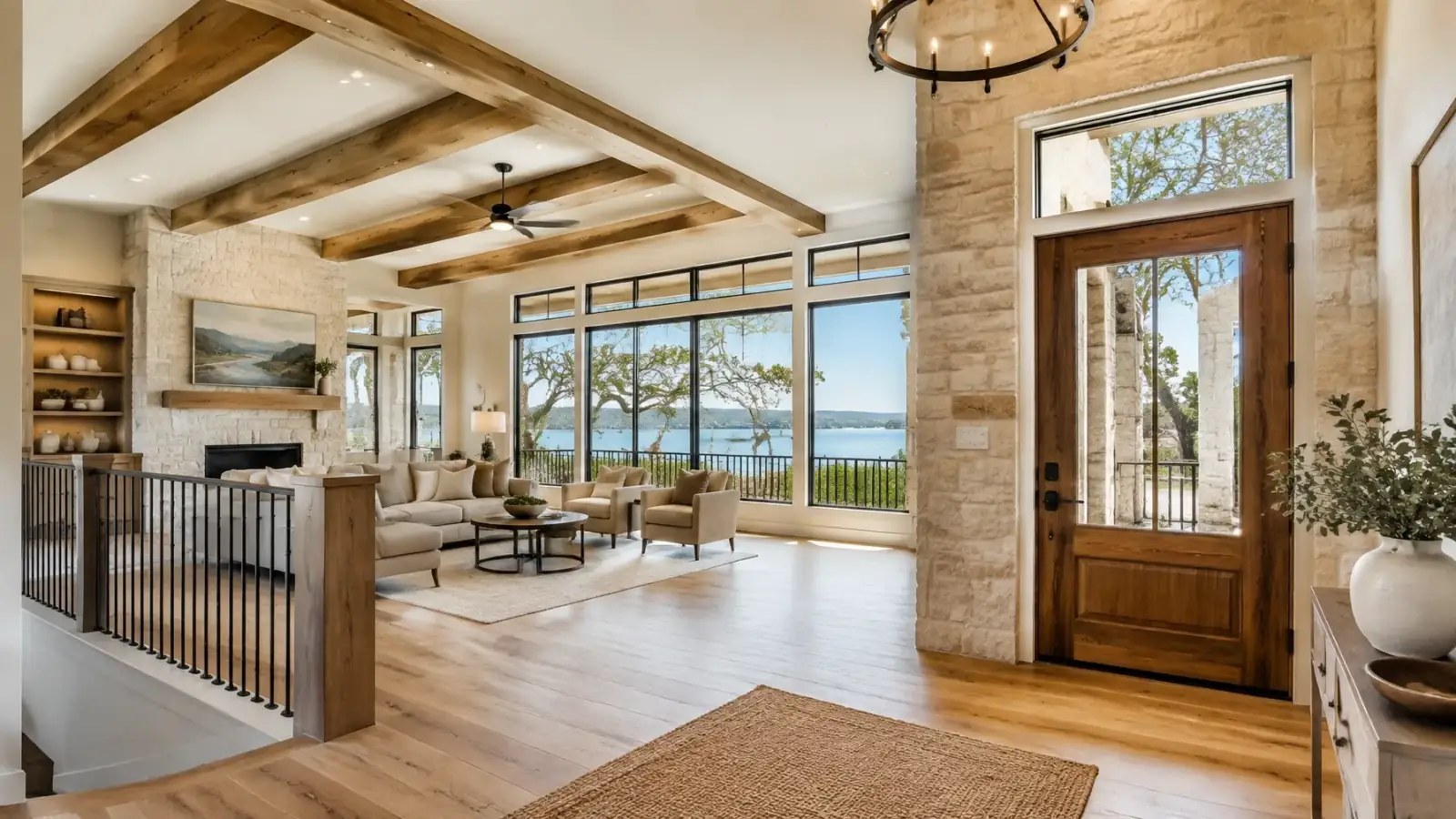 Bright Hill Country home interior overlooking Lake Travis in Lago Vista