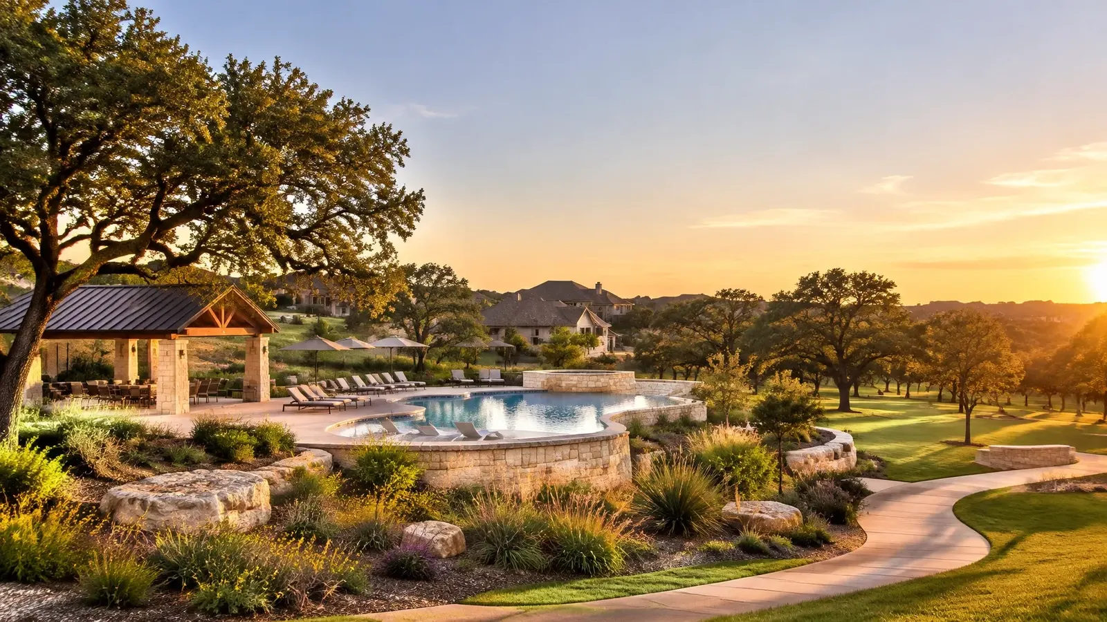 Liberty Hill, Texas community pool and park at golden hour