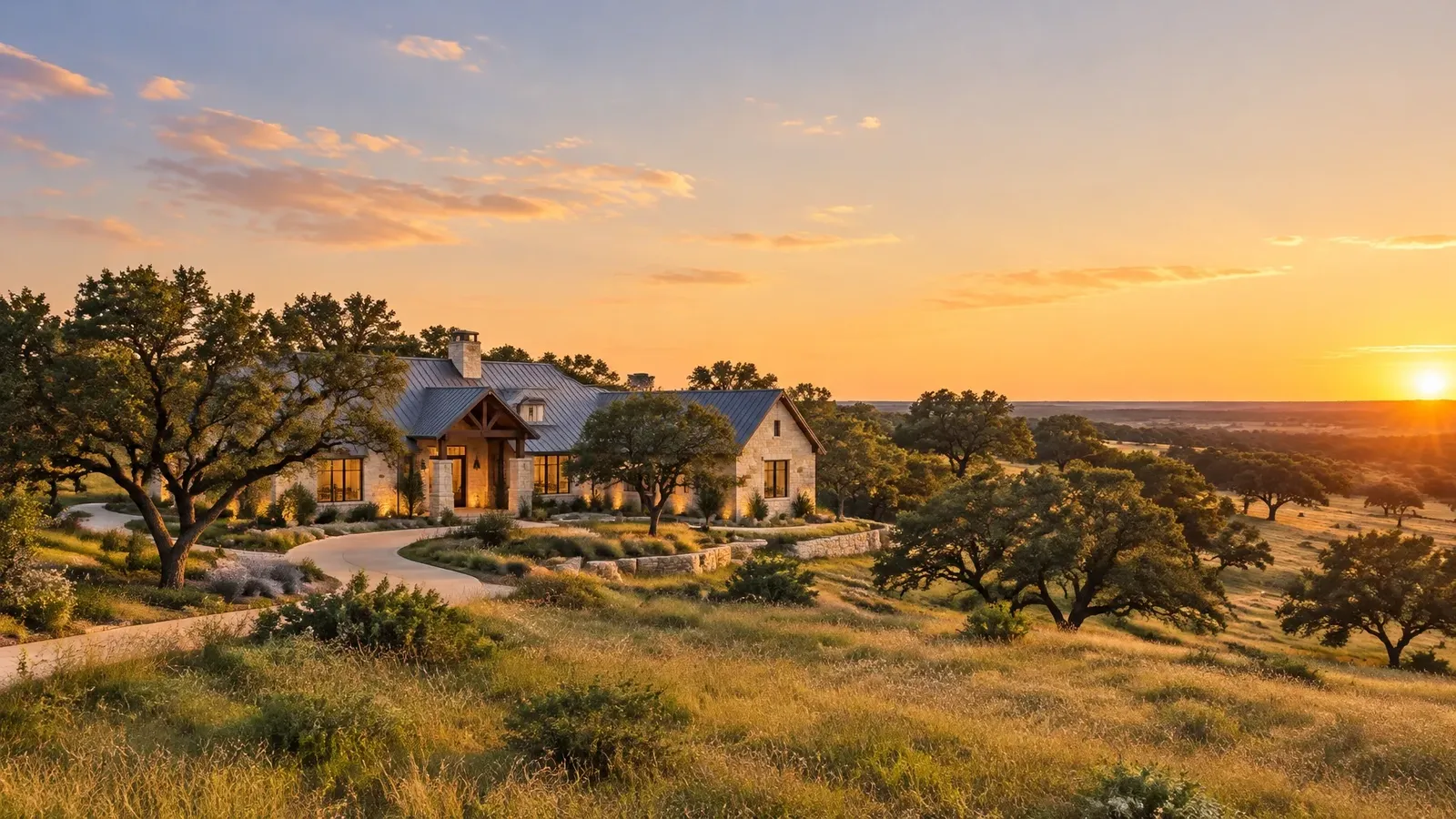 Liberty Hill, Texas Hill Country pastureland with live oaks and a limestone home at golden hour