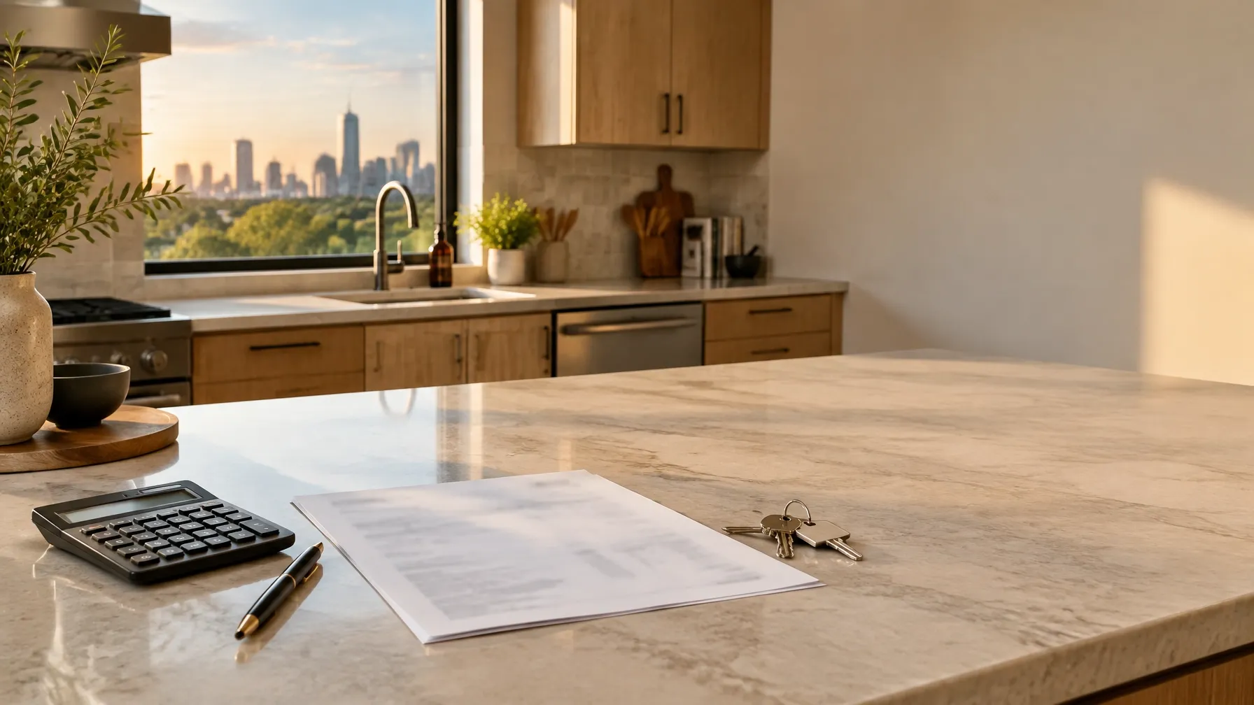 Austin, Texas home kitchen at golden hour with a calculator, pen, keys, and closing paperwork on the island