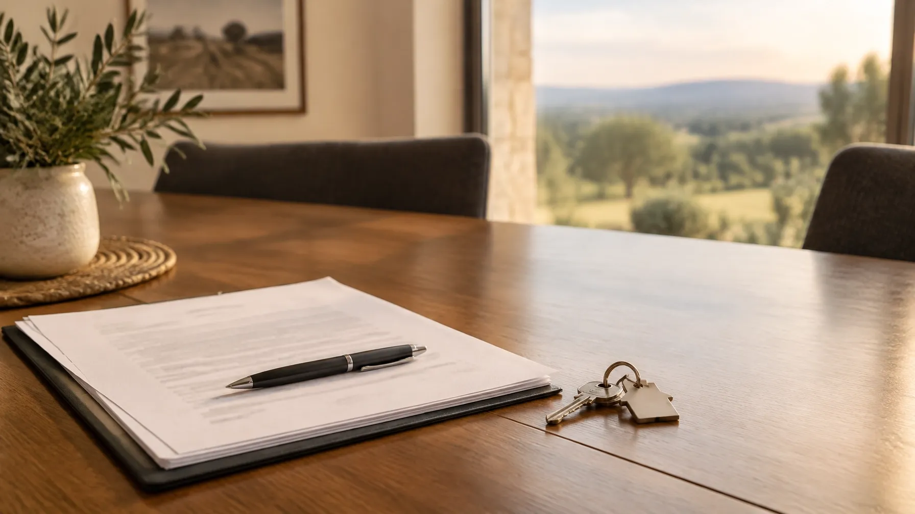 Austin-area home closing paperwork and keys on a dining table in warm natural light
